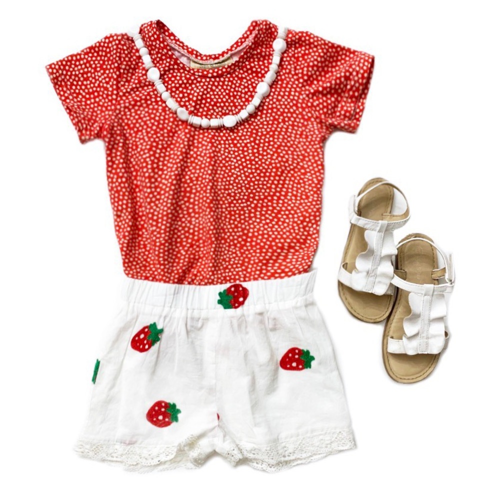 White Embroidered Strawberry Print Lace Shorts - Picture 2 of 5